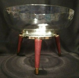 Mid Century Modern Atomic Thick Glass Salad Bowl W/ Detachable Wooden Legs