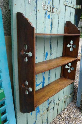 Antique Arts And Crafts Wall Bookcase Gothic Design Pierced Walnut Rustic Chic 2
