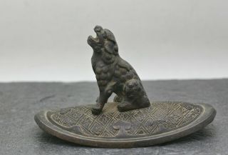 Wonderful Antique Japanese Meiji Era Solid Bronze Fu Dog On Bronze Plate C1880s