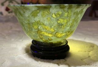 Antique Hand Carved Chinese Spinach Green Nephrite Jade Bowl On Wooden Stand