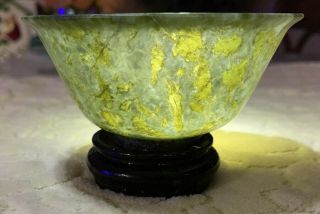 Antique Hand Carved Chinese Spinach Green Nephrite Jade Bowl on Wooden Stand 2