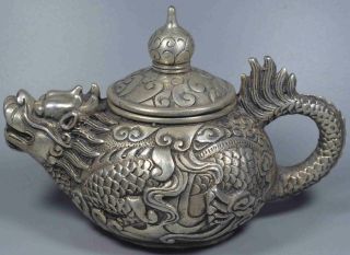 Exorcism Collectable Old Ancient Miao Silver Carve Mighty Dragon Chinese Teapot