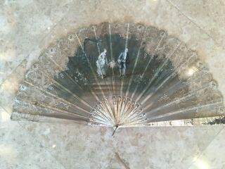 French Silk Mother Of Pearl Fan Elegant Couple Antique 19 Century