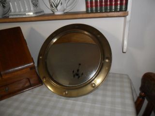 Vintage Brass Convex Ships Mirror With Wooden Back And Chain.