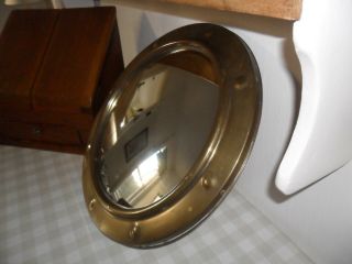 Vintage Brass Convex Ships Mirror With Wooden Back And Chain. 2