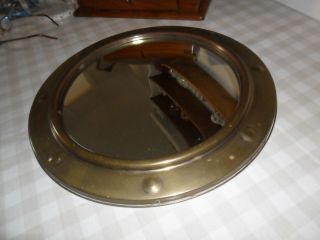 Vintage Brass Convex Ships Mirror With Wooden Back And Chain. 7