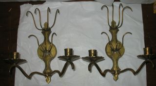 2 (1 Pair) Vtg Ornate Solid Brass 2 - Light Candle Or Refurbish Wall Sconces