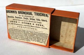 Antique Medicine Pill Box,  Browns Bronchial Troches W Revenue Stamp