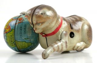 Vintage Made In The Us Zone Germany Cat W/ Globe Tin Windup Toy