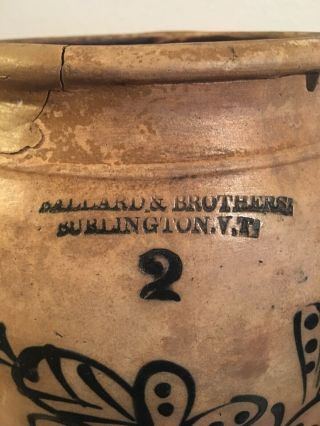 Ballard & Brother Burlington,  VT Salt Glazed 2 Gal Stoneware Crock Cobalt c 1860 4