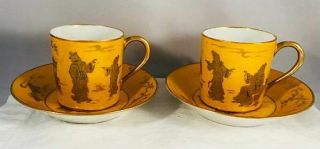 2 Antique Chinese Famille Jaune Yellow Demitasse Cups & Saucers Gold Figures
