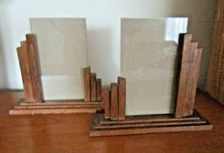 Vintage Pair Oak Art Deco Photo Frames - Asymetrical Odeon Step Design