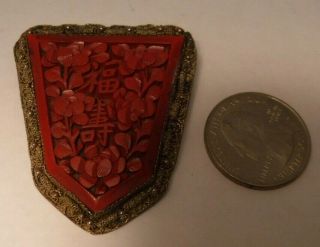 Antique Signed CHINA Chinese Export Big Cinnabar Pin Brooch Flowers Symbols 3