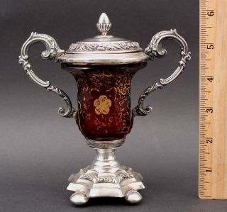 Antique 19thc Dutch Hallmarked Silver Gilded Cranberry Small Glass Jar Urn