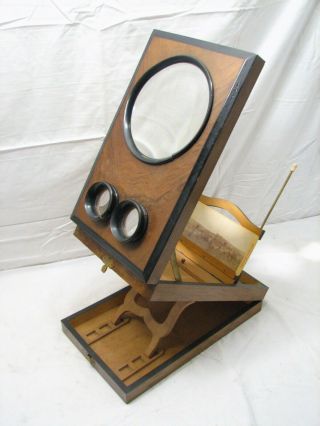 Antique Stereographoscope Stereocard Viewer Wood Burl Stereoview Card