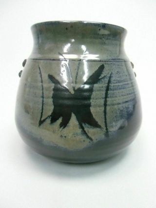 Japanese Black Seto Ware Ceramic Flower Vase Ikebana Kabin Vtg Pottery Fv550