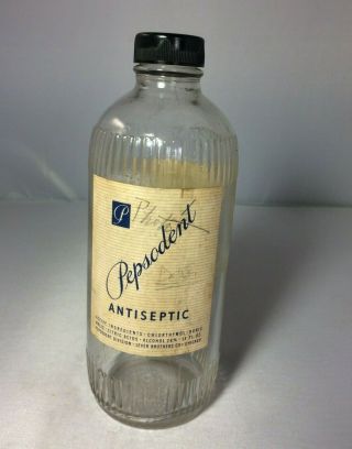 Vintage Lever Bros Co.  Pepsodent Antiseptic Medicine Bottle W/ Paper Label 14 Oz