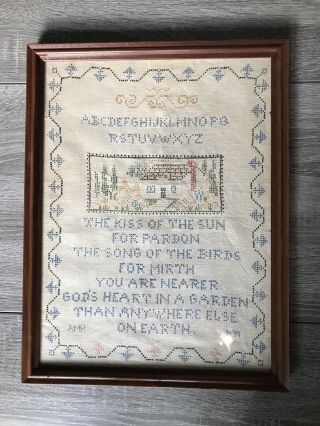 Antique Framed Needlework Sampler God’s Garden 1934 Cottage Poem Alphabet