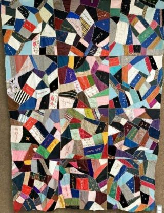 Antique Dated 1907 Crazy Signature Quilt Top Many Names Genealogical Research