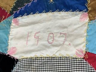 Antique Dated 1907 Crazy Signature QUILT Top Many Names Genealogical RESEARCH 3