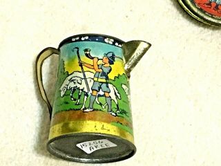 VINTAGE CHILD ' S TOY TIN LITHO METAL Pitcher,  4 cups,  4 Saucers,  Nursery Rhymes 2
