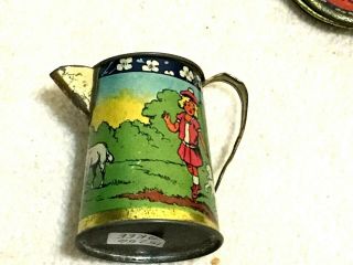 VINTAGE CHILD ' S TOY TIN LITHO METAL Pitcher,  4 cups,  4 Saucers,  Nursery Rhymes 3