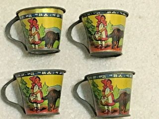 VINTAGE CHILD ' S TOY TIN LITHO METAL Pitcher,  4 cups,  4 Saucers,  Nursery Rhymes 6