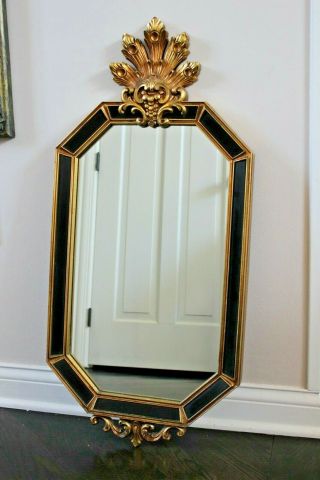 Vintage Hollywood Regency Black Gold Gilt Carved Mirror French Italian