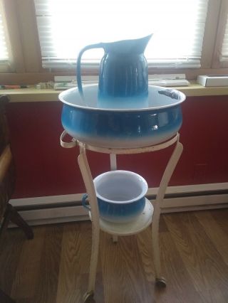 Vintage French Metal Wash Stand Comode Distressed Blue Ombre Enamelware Pitcher