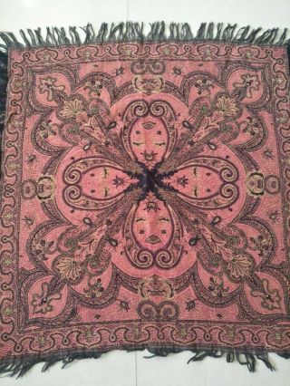 Antique French Paisley Kashmir Square Piano Shawl Wool Size 35 " X35 " Table Cloth