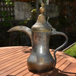 Large Antique Islamic Arabic Tinned Brass Coffee Pot Dallah,  Signed