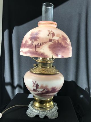 Antique Dutch Windmill Scenic Gwtw Gone With The Wind Hurricane Brass Oil Lamp