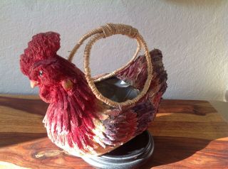 Vintage Wicker Basket Rooster W/ Feathers & Paper Mache Folk Art Americana