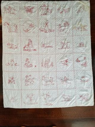 Early 1900s Quilt Redwork Red White Embroidery Hand Stitched Witch Kids Antique