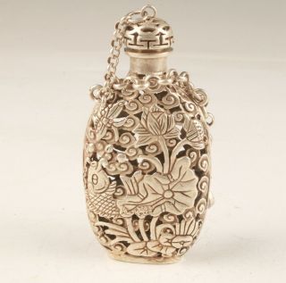 Tibetan Silver Handmade Hollowed Carving Flower Fish Snuff Bottle Pendant