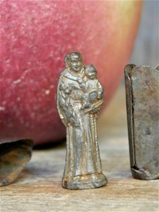 Rare Antique Miniature Mary & Jesus Statue in Tin Case Travel War AAFA 2