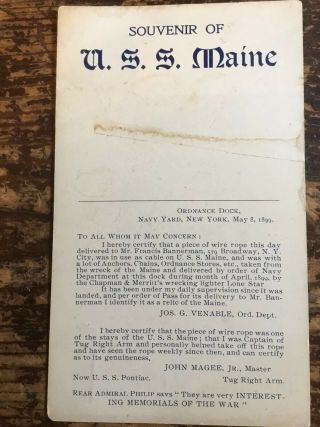 U.  S.  S.  Maine Souvenir Card - 1899 Steel Wire Cable Card (no Wire - Card Only)