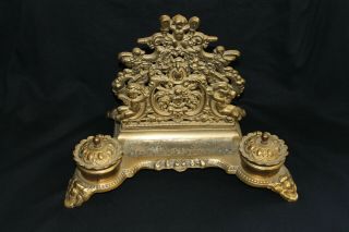 A Art Nouveau Brass Letter Rack With Inkwells And Brass Liners.