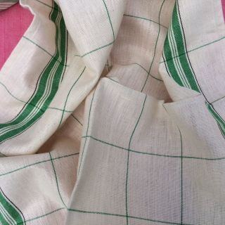 PAIR VINTAGE FRENCH PURE LINEN TORCHONS TEA TOWELS GREEN AND BLACK STRIPES 7