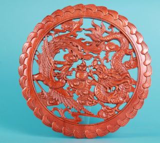 Wood Hollowed Carving Phoenix Dragon Statue Round Plate Decorative Painting