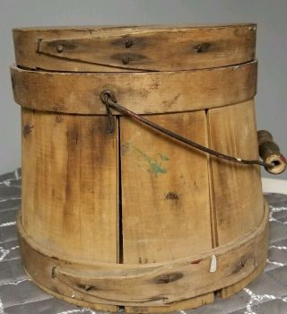 Antique Wood Firkin Sugar Bucket Primitive Pail Bail Handle W/lid & Label 7.  5 "