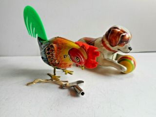 2 Tin Windup Toys Kohler Rooster Flip Over Dog With Ball Us Zone Germany