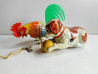 2 Tin Windup Toys Kohler Rooster Flip Over Dog With Ball US Zone Germany 2