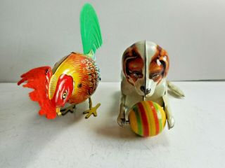 2 Tin Windup Toys Kohler Rooster Flip Over Dog With Ball US Zone Germany 3