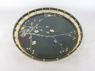 Japanese Antique Vintage Green Lacquer Wood Round Sencha Tea Tray Chacha