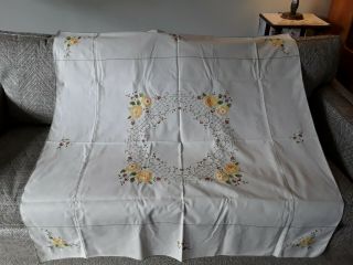 3 vintage hand embroidered applique cotton tablecloths vgc floral Art deco 2