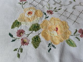 3 vintage hand embroidered applique cotton tablecloths vgc floral Art deco 3
