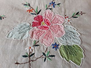 3 vintage hand embroidered applique cotton tablecloths vgc floral Art deco 6