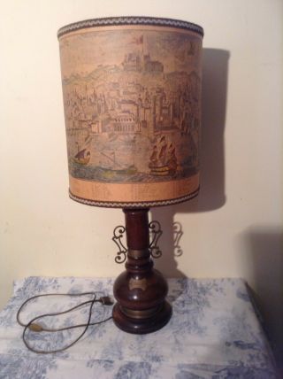 Nautical French / Italian Wooden Table Lamp Light With Vintage Map Shade (2599)
