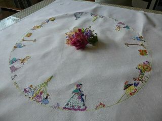 Vintage Hand Embroidered Linen Tablecloth - Flower Circle Of Villagers